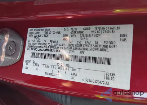 2021 Ford Escape Se z USA, uszkodzony, nr VIN 1FMCU0G64MUB31454